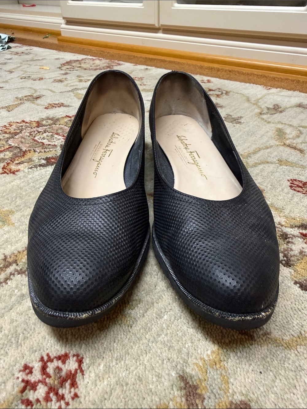 Salvatore Ferragamo Black Textured Leather Flats
